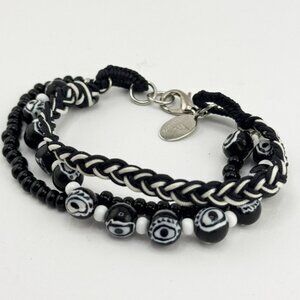 Vintage black glass evil eye beaded three strand braided bracelet